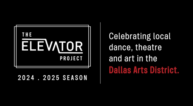 A black background with white text that says, "Celebrating local dance, theatre and art in the Dallas Arts District"